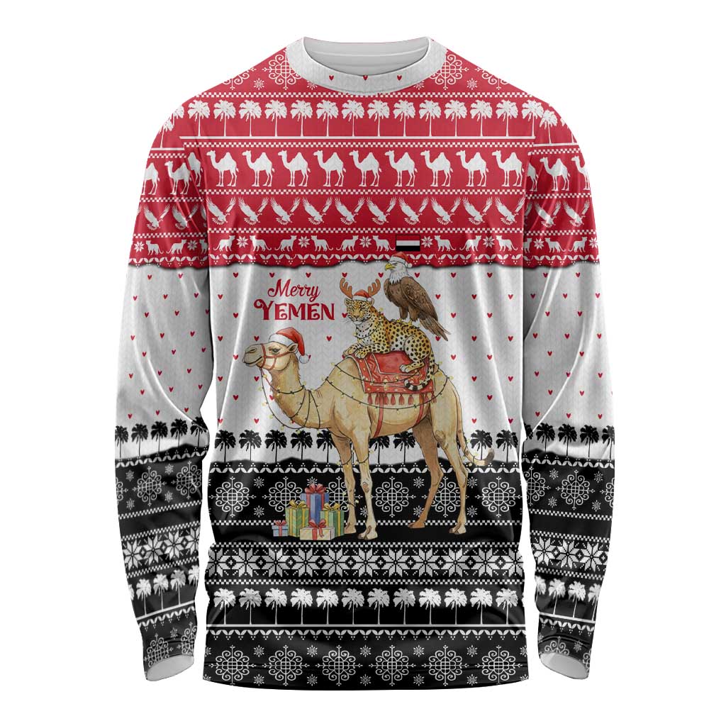 Yemen Christmas Long Sleeve Shirt with Camel Leopard Falcon Red Black White Snowflake - Wonder Print Shop