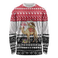 Yemen Christmas Long Sleeve Shirt with Camel Leopard Falcon Red Black White Snowflake - Wonder Print Shop
