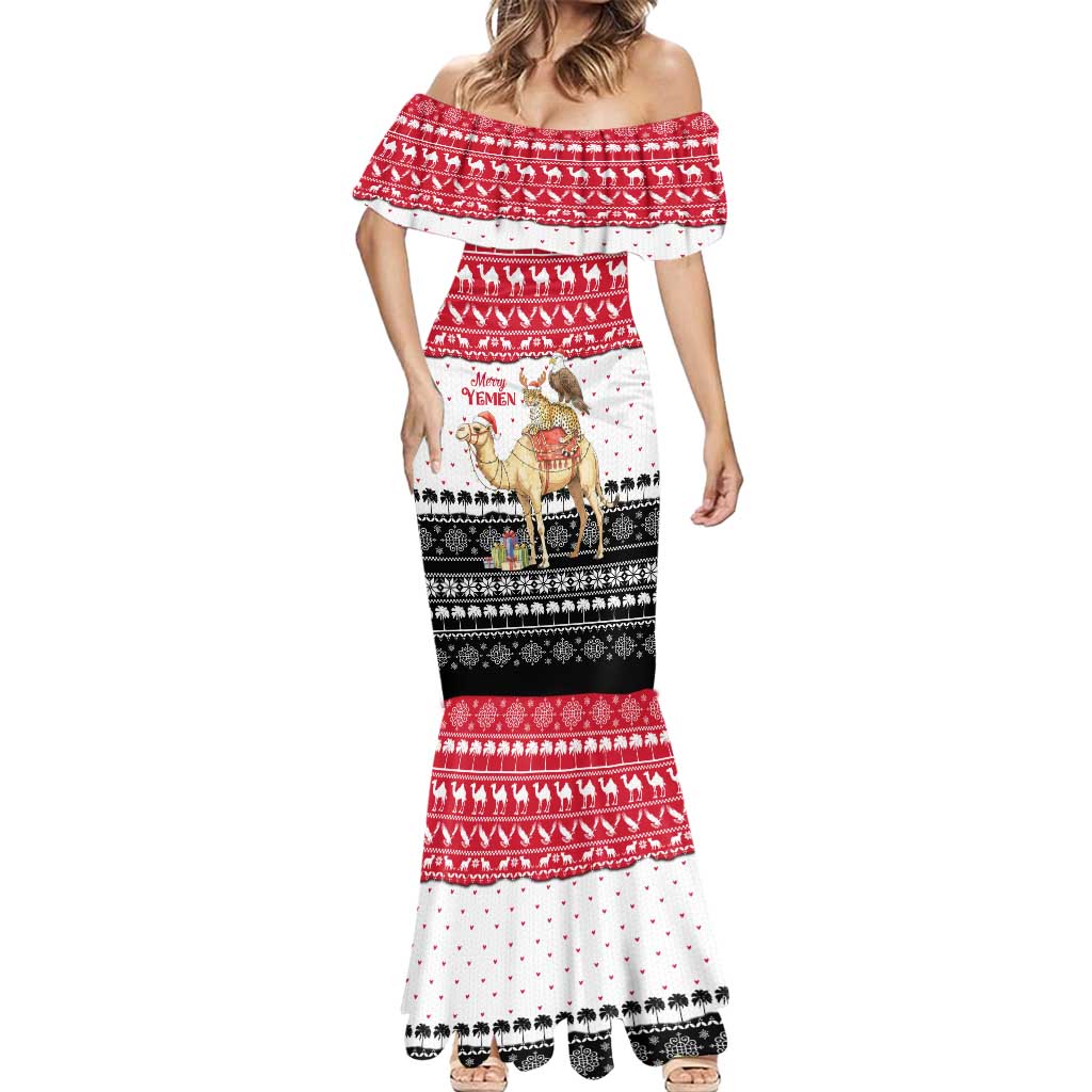 Yemen Christmas Mermaid Dress with Camel Leopard Falcon Red Black White Snowflake - Wonder Print Shop
