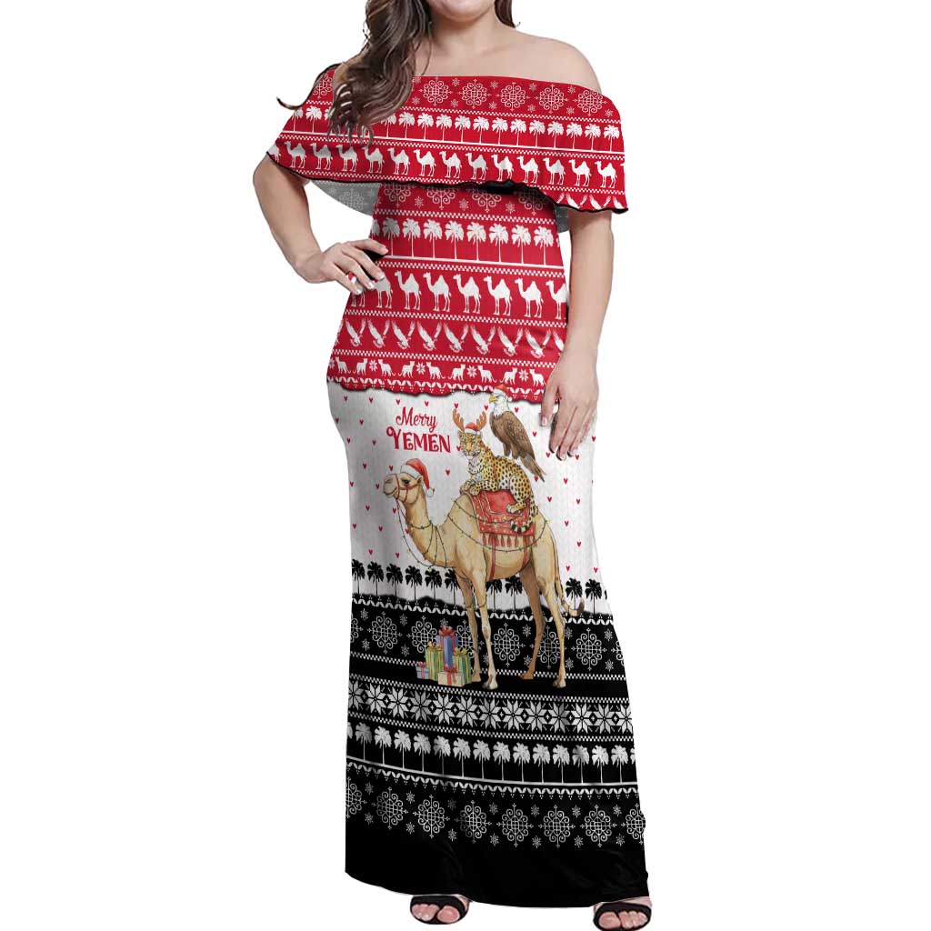 Yemen Christmas Off Shoulder Maxi Dress with Camel Leopard Falcon Red Black White Snowflake - Wonder Print Shop