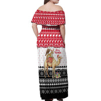 Yemen Christmas Off Shoulder Maxi Dress with Camel Leopard Falcon Red Black White Snowflake - Wonder Print Shop