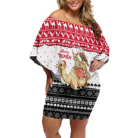 Yemen Christmas Off Shoulder Short Dress with Camel Leopard Falcon Red Black White Snowflake - Wonder Print Shop
