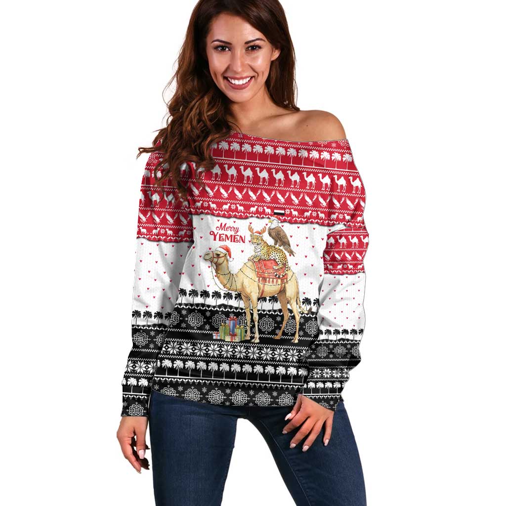 Yemen Christmas Off Shoulder Sweater with Camel Leopard Falcon Red Black White Snowflake - Wonder Print Shop