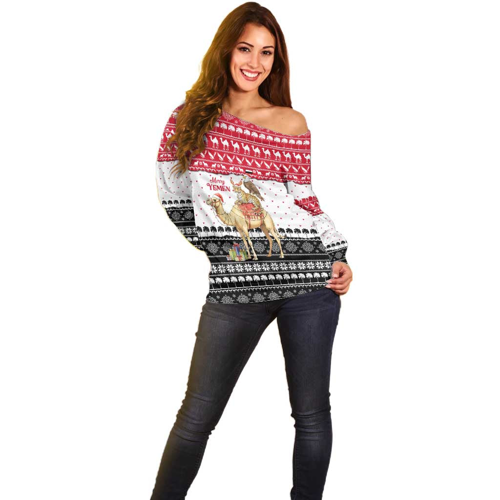 Yemen Christmas Off Shoulder Sweater with Camel Leopard Falcon Red Black White Snowflake - Wonder Print Shop