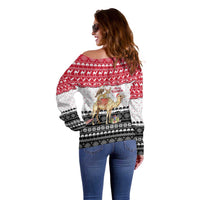 Yemen Christmas Off Shoulder Sweater with Camel Leopard Falcon Red Black White Snowflake - Wonder Print Shop