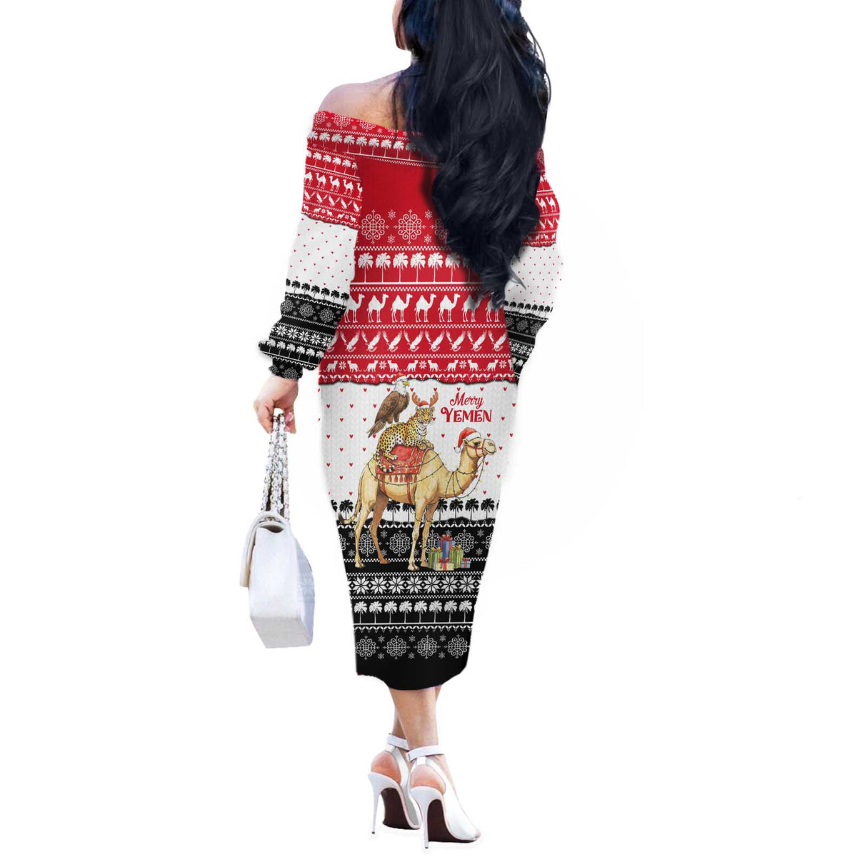 Yemen Christmas Off The Shoulder Long Sleeve Dress with Camel Leopard Falcon Red Black White Snowflake - Wonder Print Shop