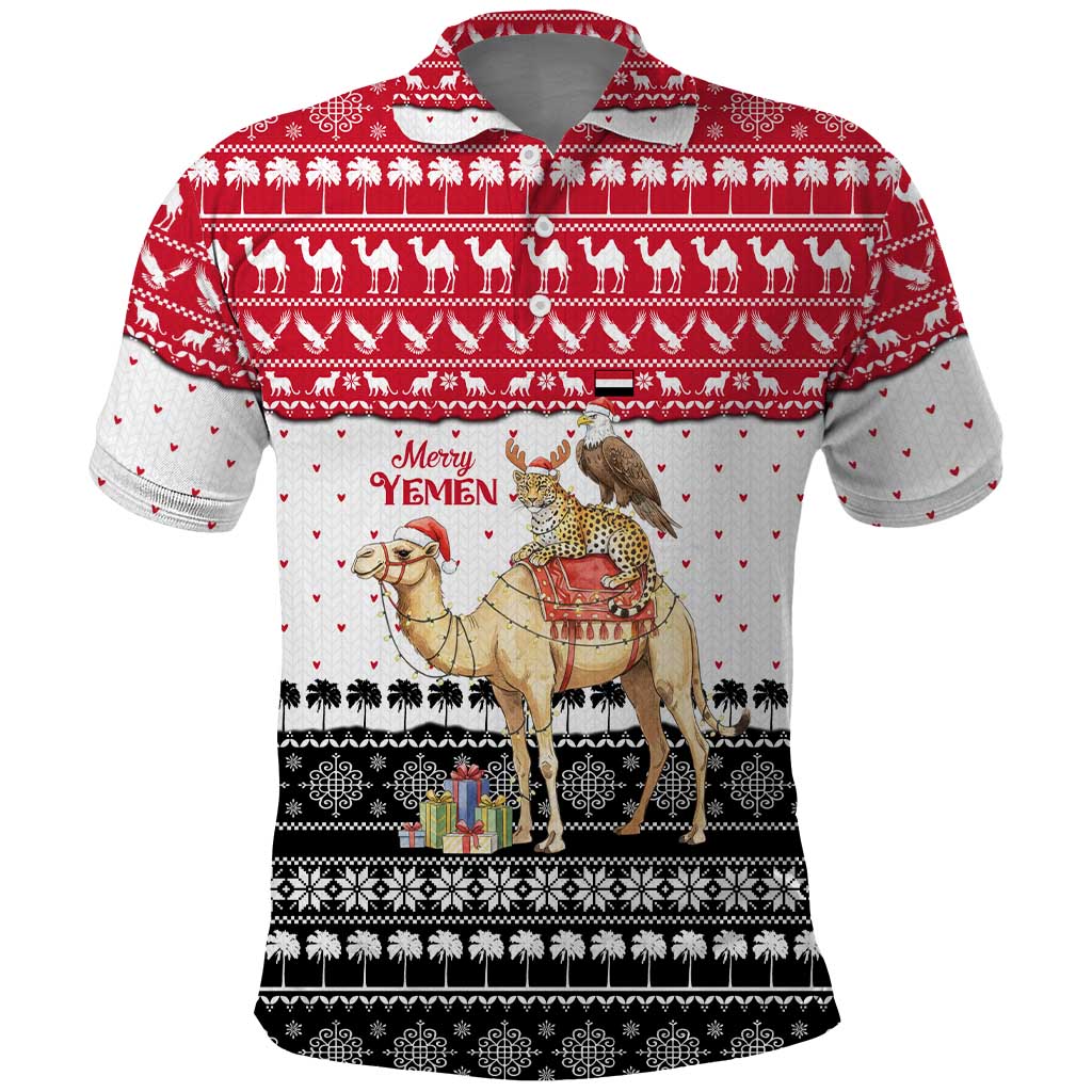 Yemen Christmas Polo Shirt with Camel Leopard Falcon Red Black White Snowflake - Wonder Print Shop