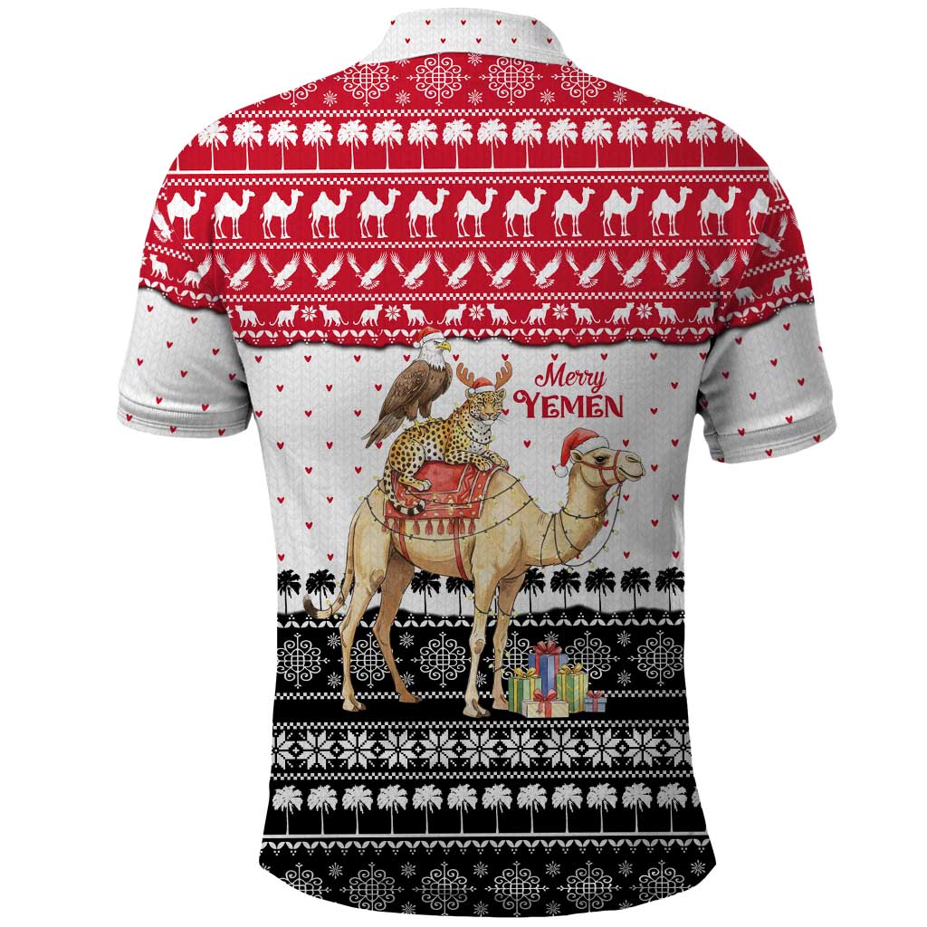 Yemen Christmas Polo Shirt with Camel Leopard Falcon Red Black White Snowflake - Wonder Print Shop