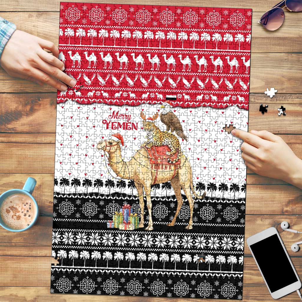 Yemen Christmas Puzzle with Camel Leopard Falcon Red Black White Snowflake - Wonder Print Shop