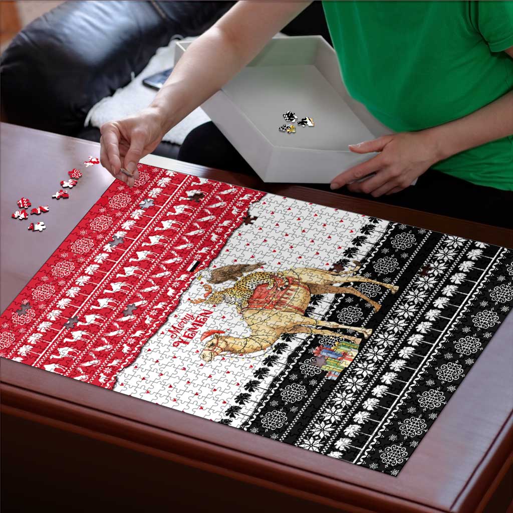 Yemen Christmas Puzzle with Camel Leopard Falcon Red Black White Snowflake - Wonder Print Shop