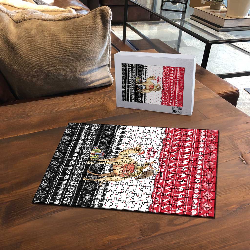 Yemen Christmas Puzzle with Camel Leopard Falcon Red Black White Snowflake - Wonder Print Shop