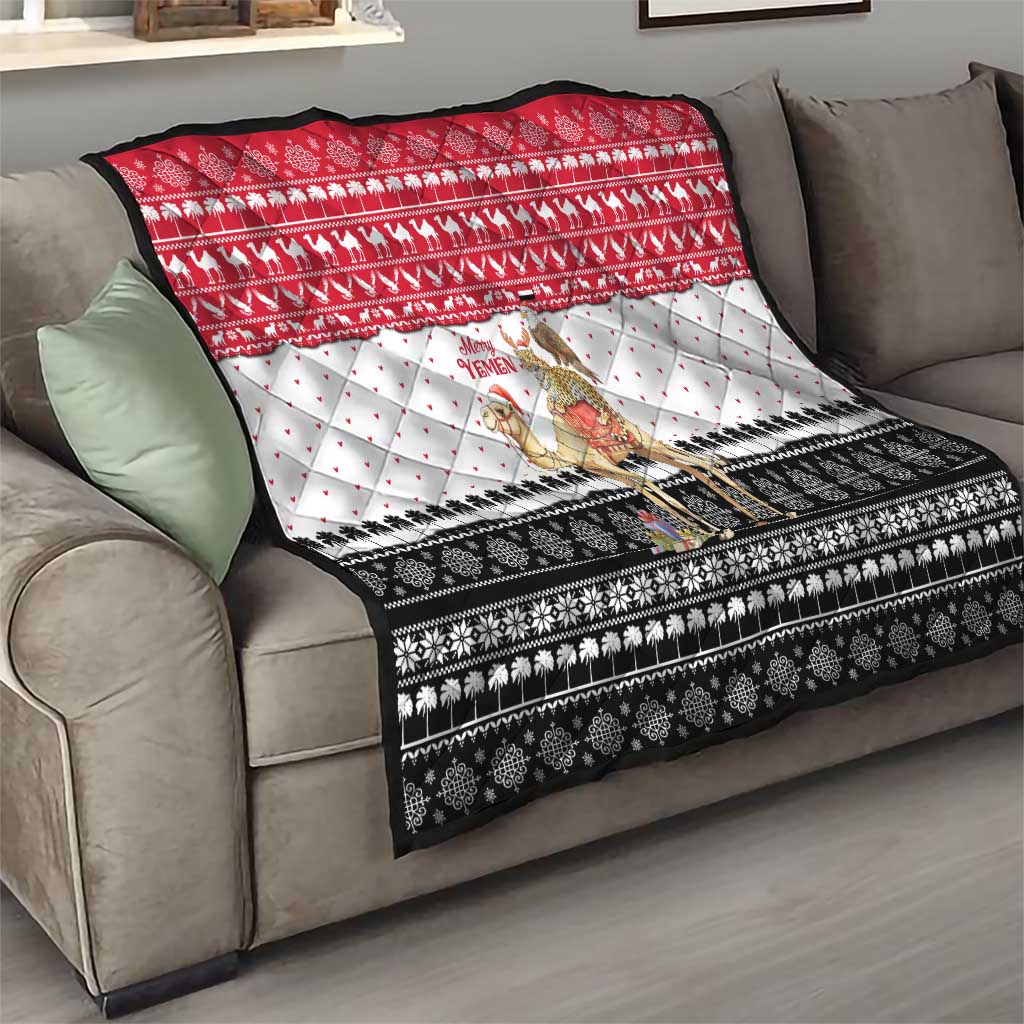 Yemen Christmas Quilt with Camel Leopard Falcon Red Black White Snowflake - Wonder Print Shop