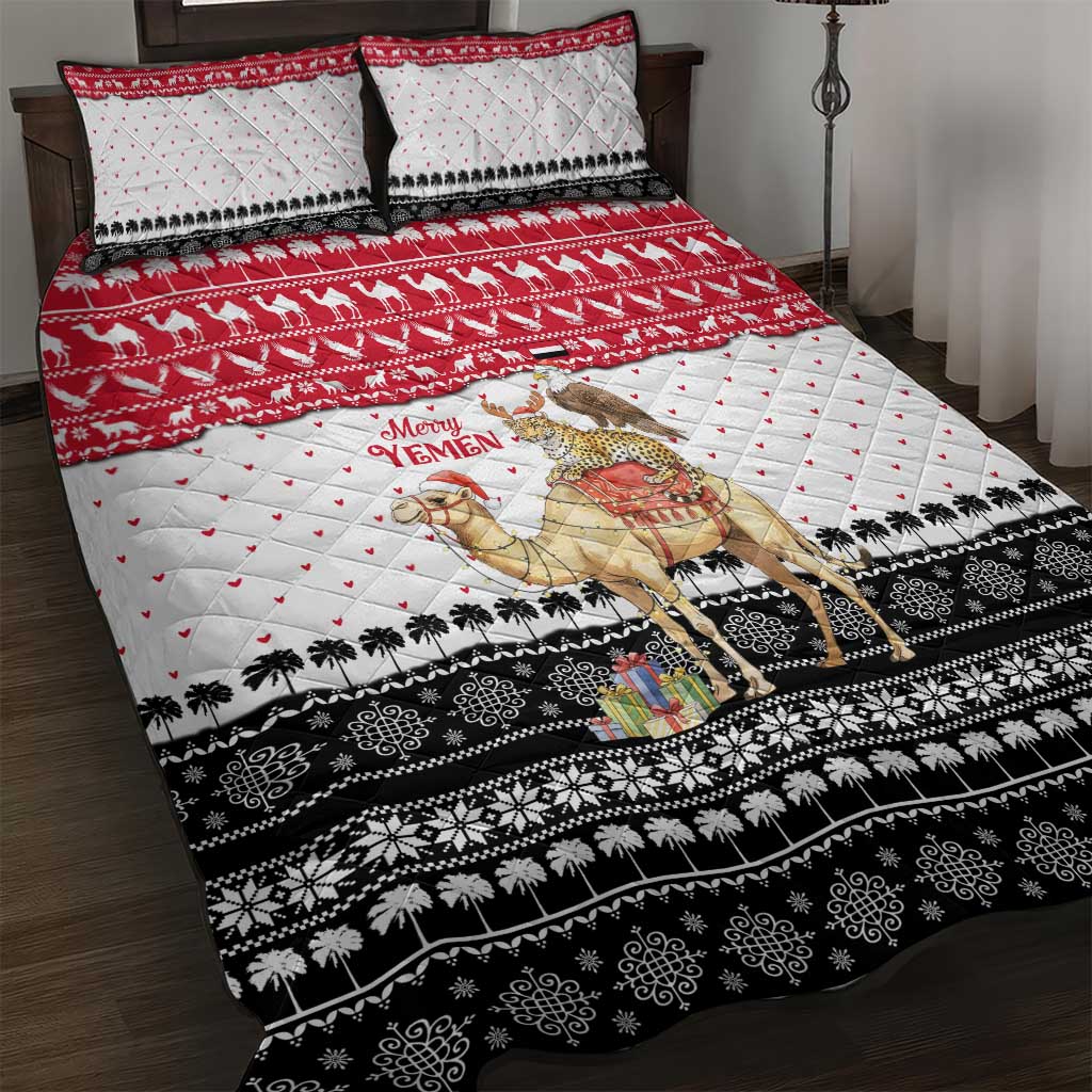 Yemen Christmas Quilt Bed Set with Camel Leopard Falcon Red Black White Snowflake - Wonder Print Shop