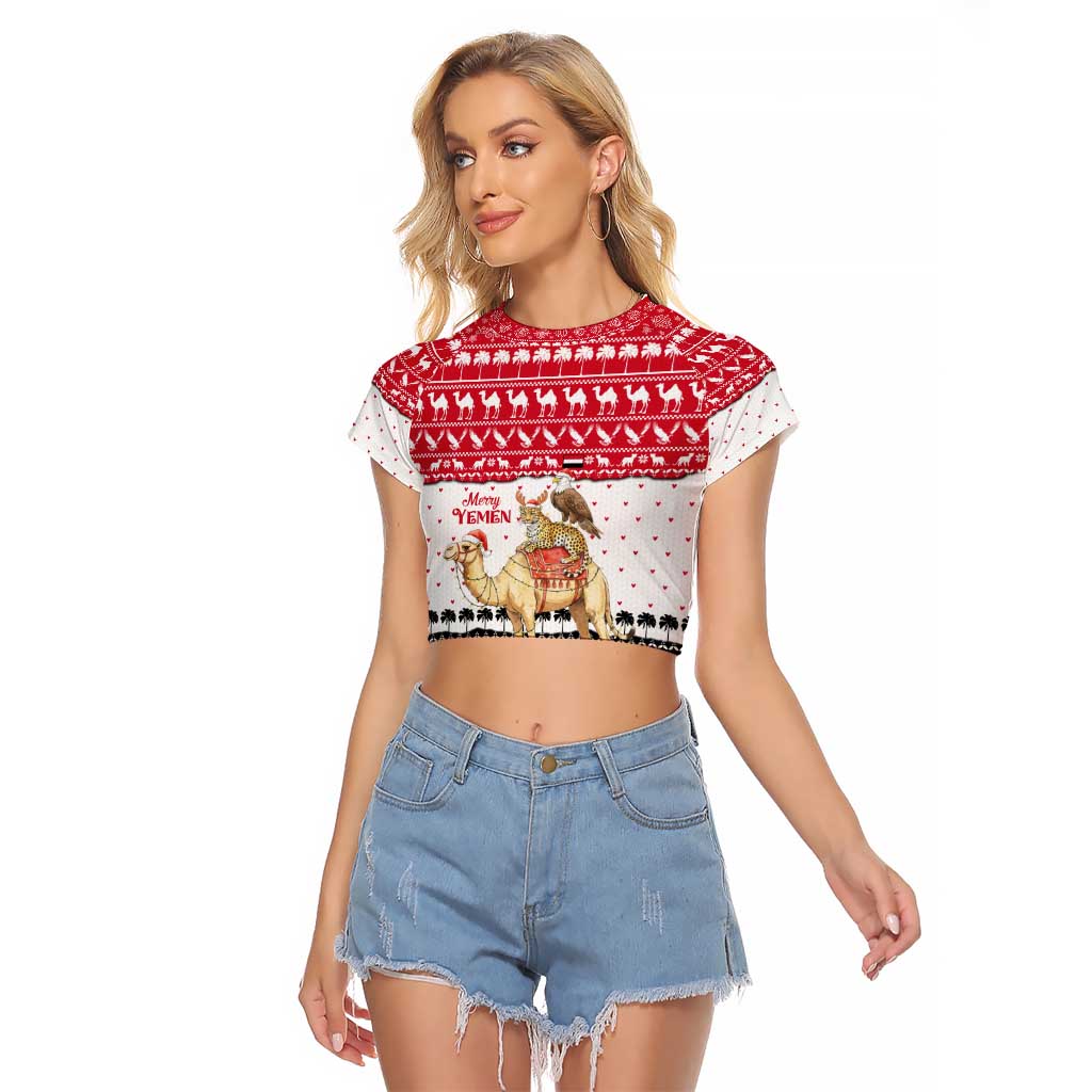 Yemen Christmas Raglan Cropped T Shirt with Camel Leopard Falcon Red Black White Snowflake - Wonder Print Shop