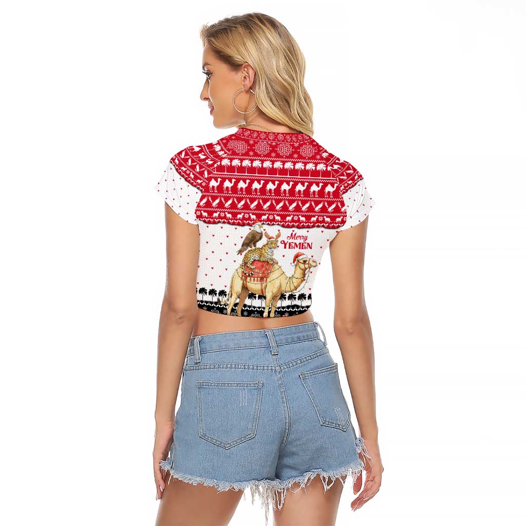 Yemen Christmas Raglan Cropped T Shirt with Camel Leopard Falcon Red Black White Snowflake - Wonder Print Shop
