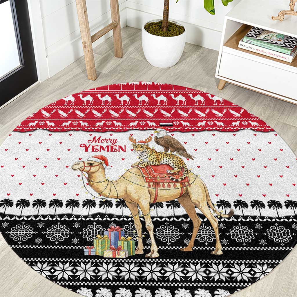 Yemen Christmas Round Carpet with Camel Leopard Falcon Red Black White Snowflake - undefined