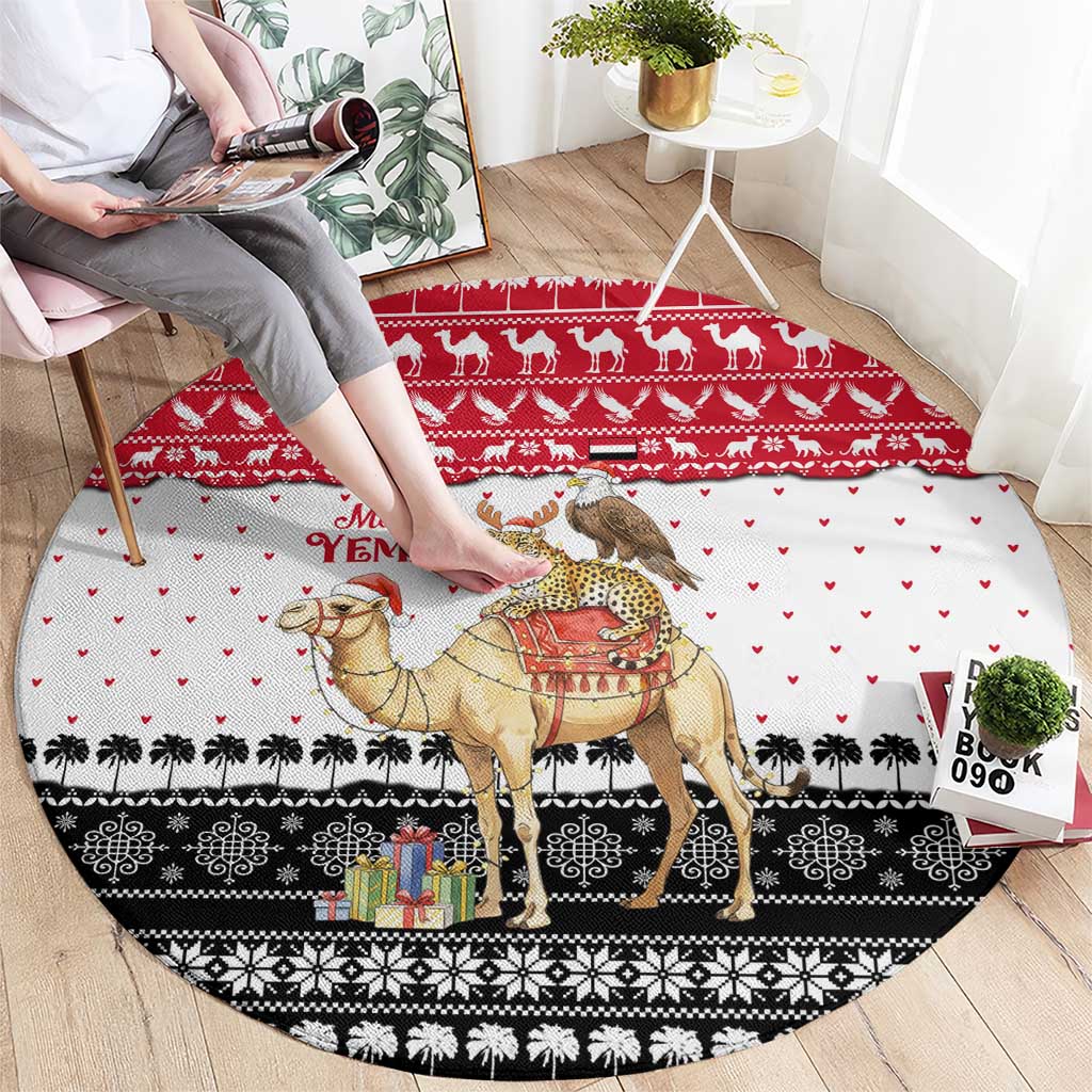 Yemen Christmas Round Carpet with Camel Leopard Falcon Red Black White Snowflake - undefined