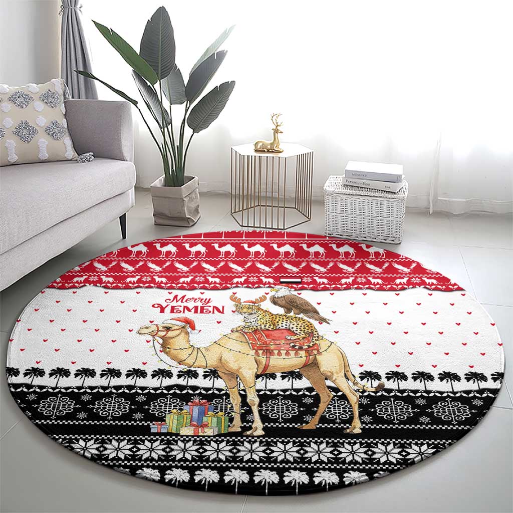 Yemen Christmas Round Carpet with Camel Leopard Falcon Red Black White Snowflake - undefined