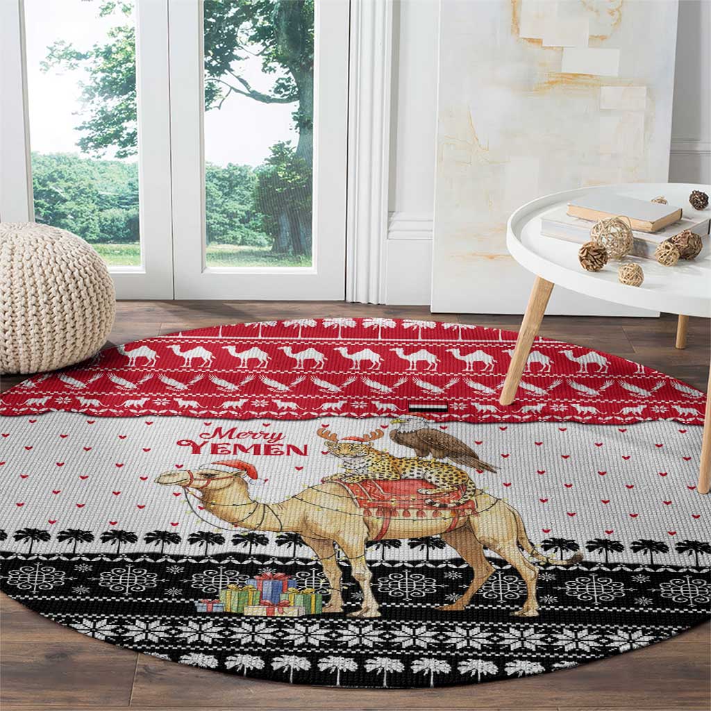 Yemen Christmas Round Carpet with Camel Leopard Falcon Red Black White Snowflake - undefined
