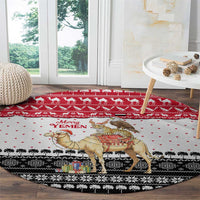 Yemen Christmas Round Carpet with Camel Leopard Falcon Red Black White Snowflake - undefined