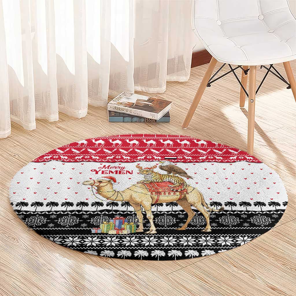 Yemen Christmas Round Carpet with Camel Leopard Falcon Red Black White Snowflake - undefined