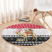 Yemen Christmas Round Carpet with Camel Leopard Falcon Red Black White Snowflake - undefined