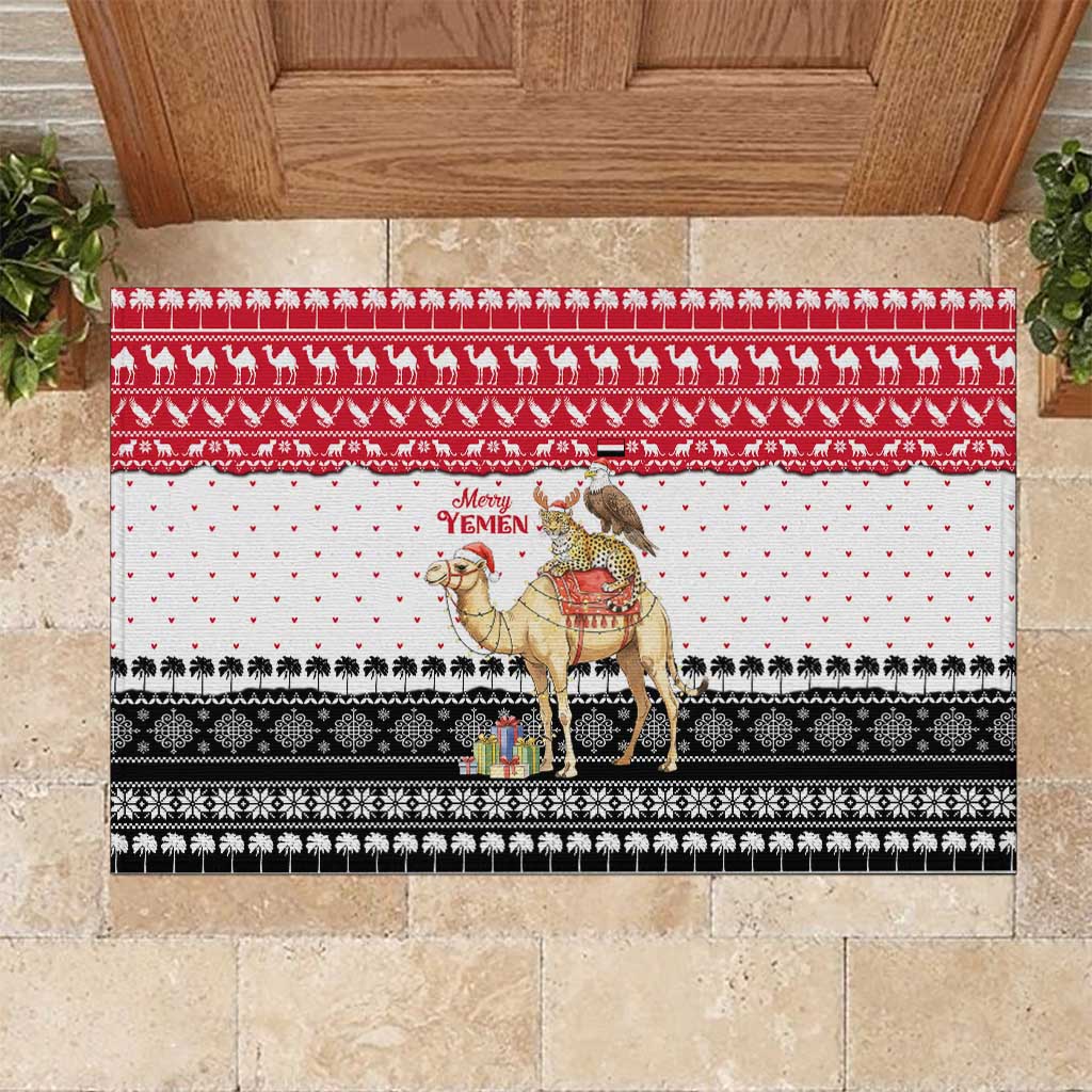 Yemen Christmas Rubber Doormat with Camel Leopard Falcon Red Black White Snowflake - Wonder Print Shop