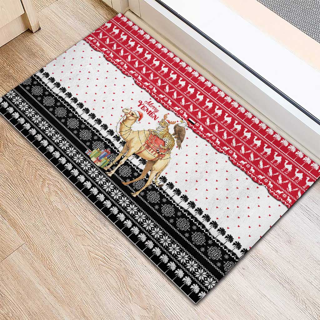 Yemen Christmas Rubber Doormat with Camel Leopard Falcon Red Black White Snowflake - Wonder Print Shop