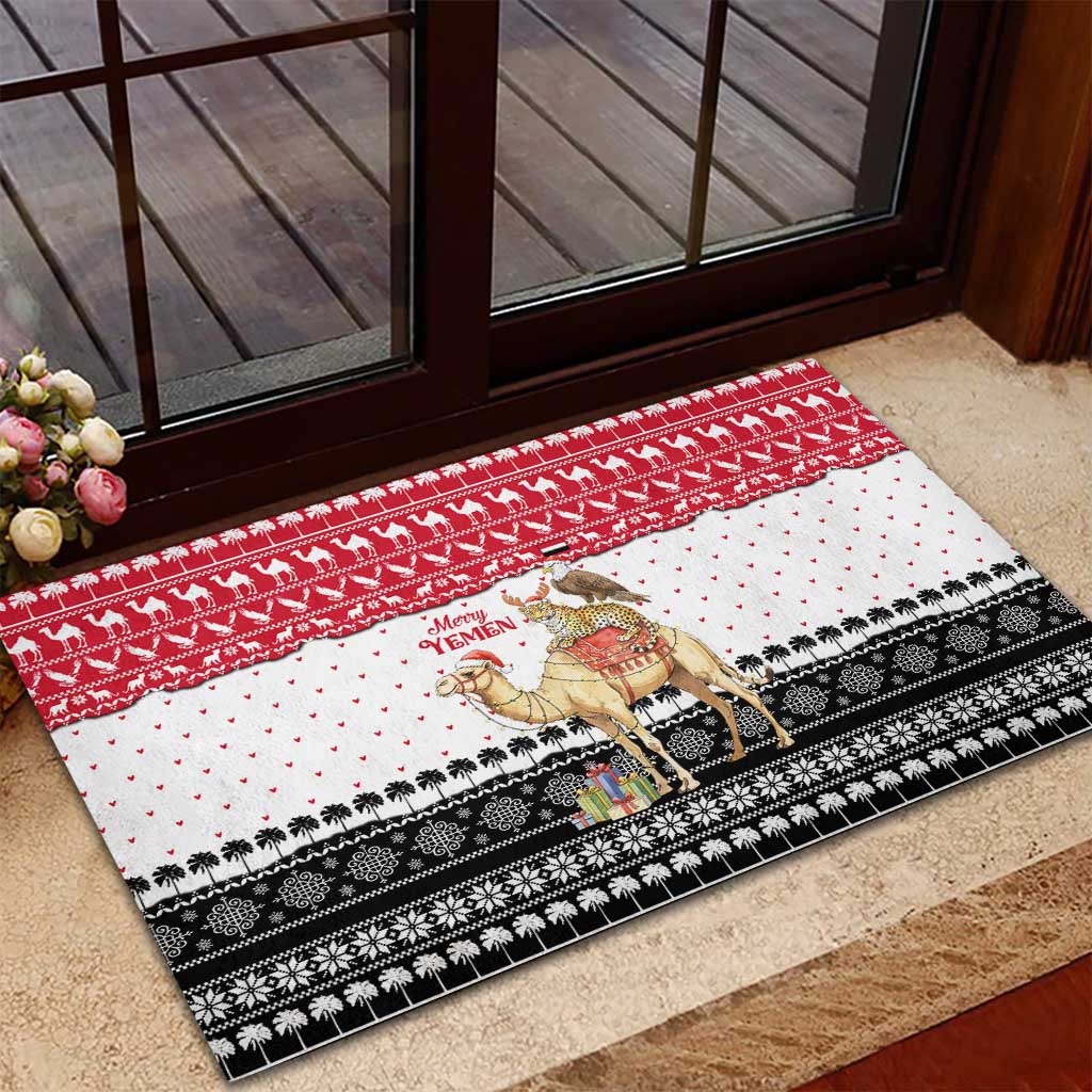 Yemen Christmas Rubber Doormat with Camel Leopard Falcon Red Black White Snowflake - Wonder Print Shop
