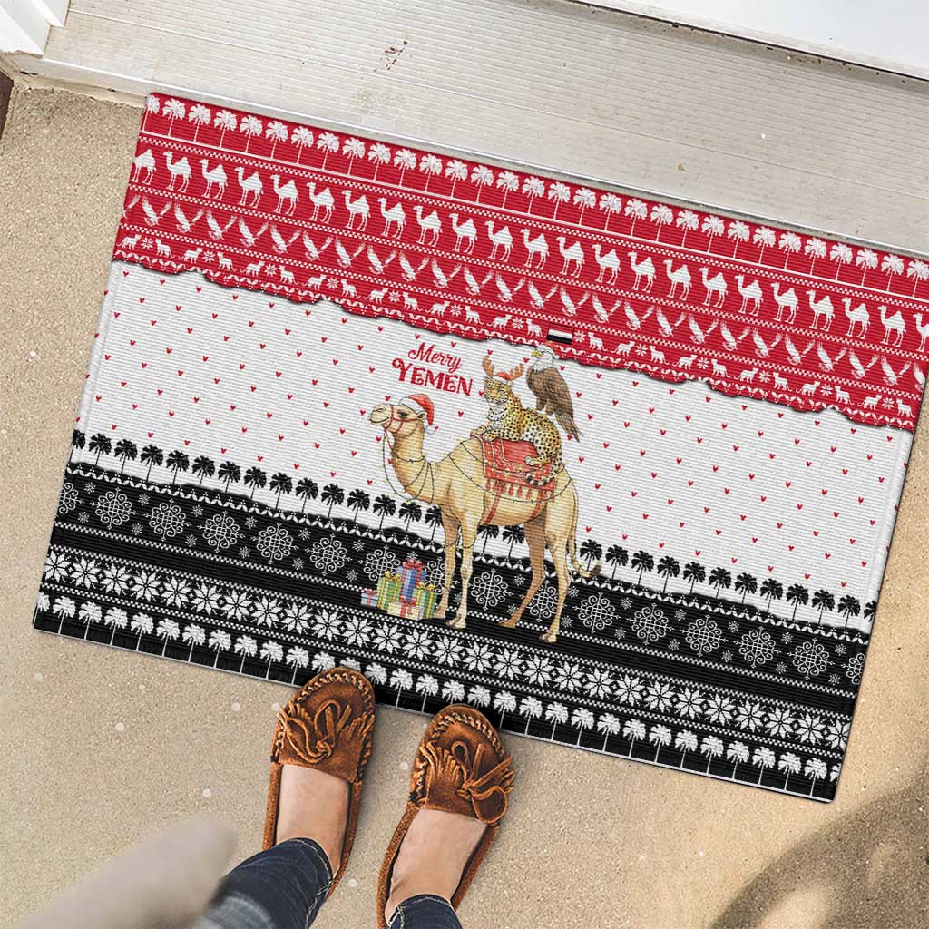 Yemen Christmas Rubber Doormat with Camel Leopard Falcon Red Black White Snowflake - Wonder Print Shop