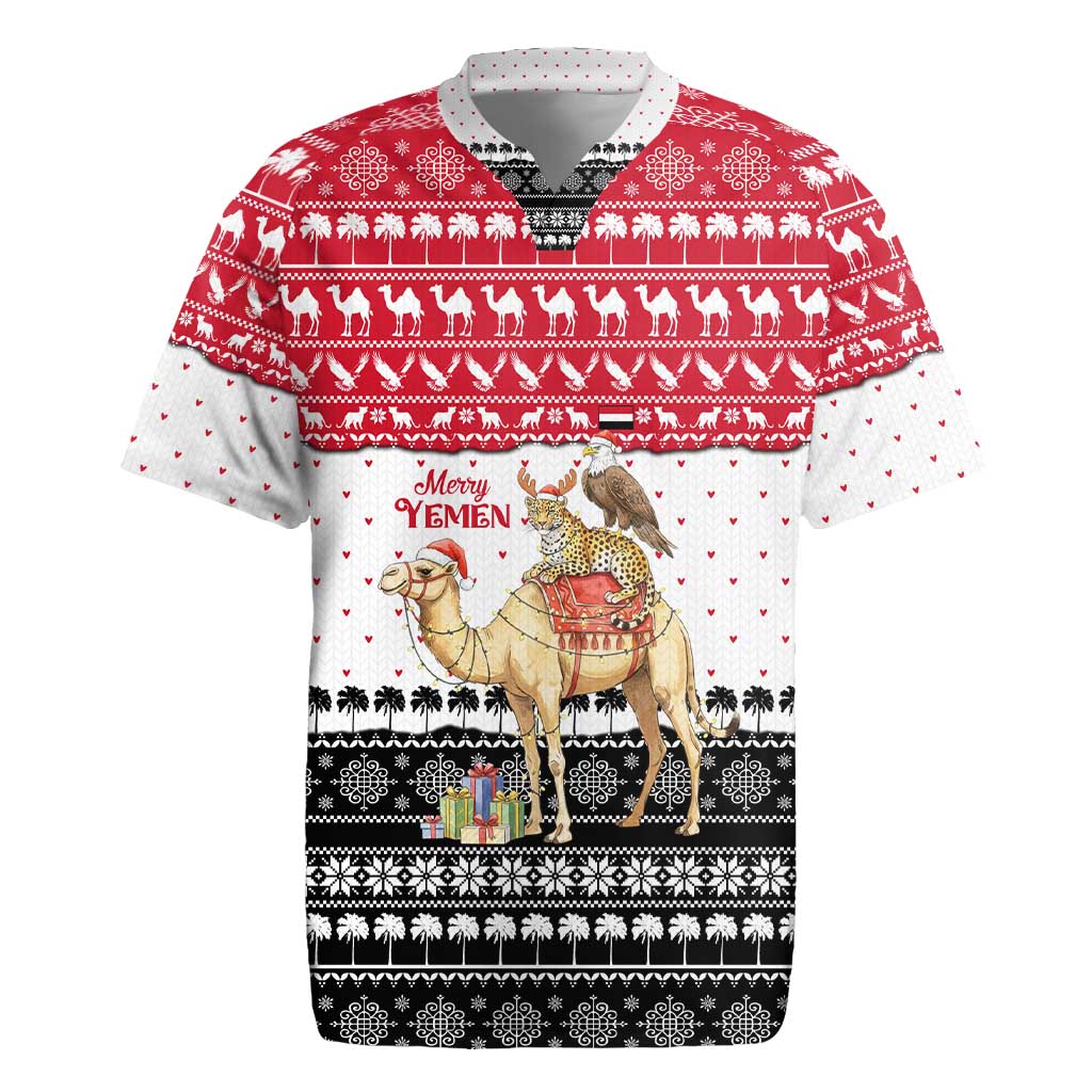 Yemen Christmas Rugby Jersey with Camel Leopard Falcon Red Black White Snowflake - Wonder Print Shop