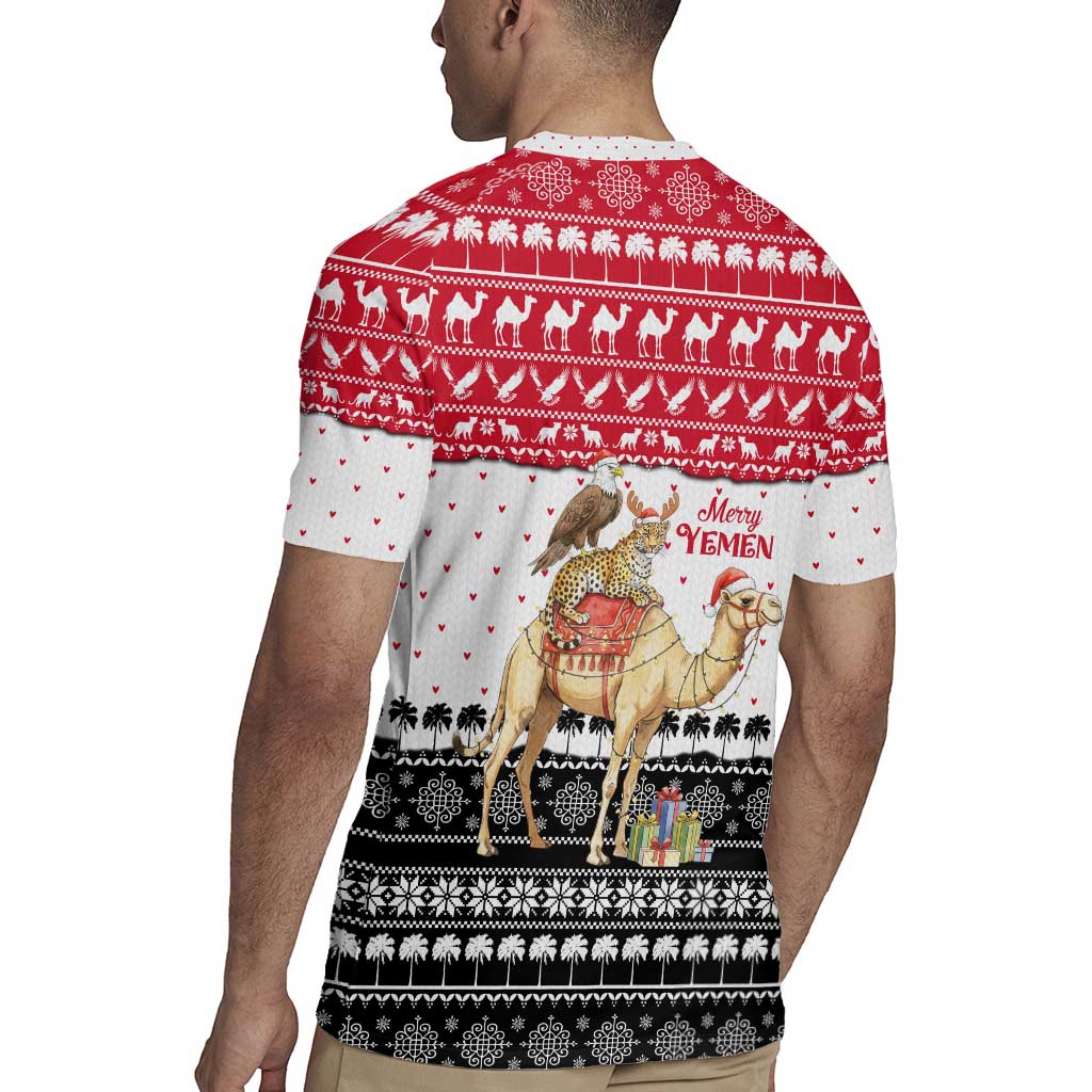 Yemen Christmas Rugby Jersey with Camel Leopard Falcon Red Black White Snowflake - Wonder Print Shop
