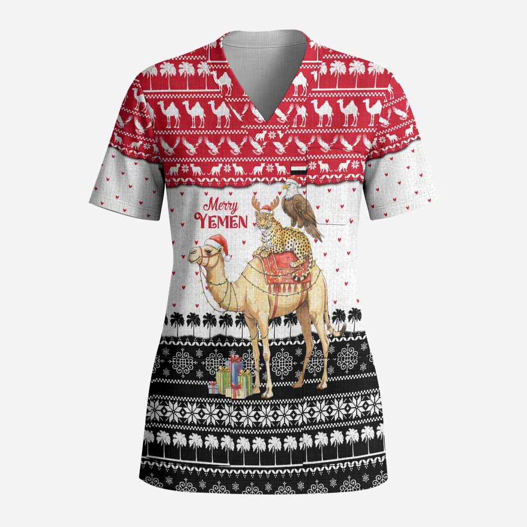 Yemen Christmas Scrub Top with Camel Leopard Falcon Red Black White Snowflake - Wonder Print Shop