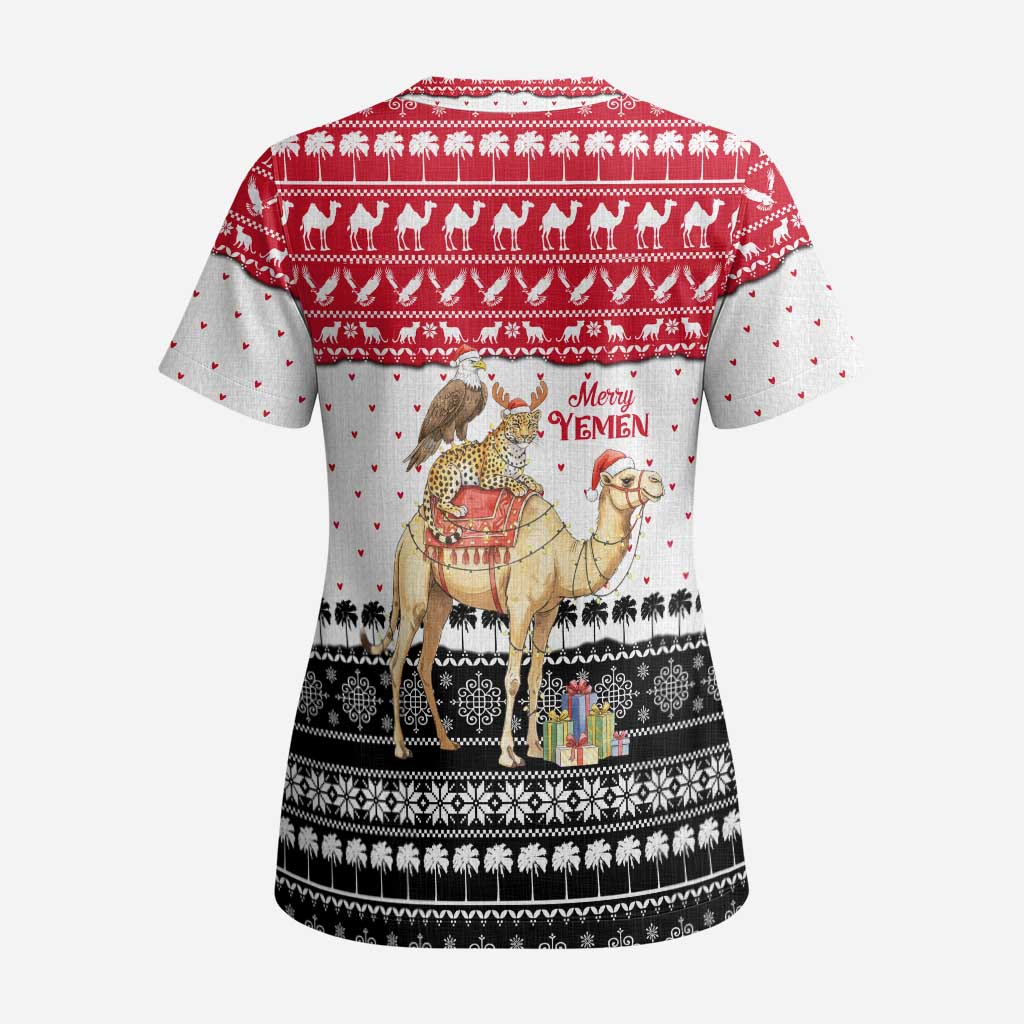 Yemen Christmas Scrub Top with Camel Leopard Falcon Red Black White Snowflake - Wonder Print Shop