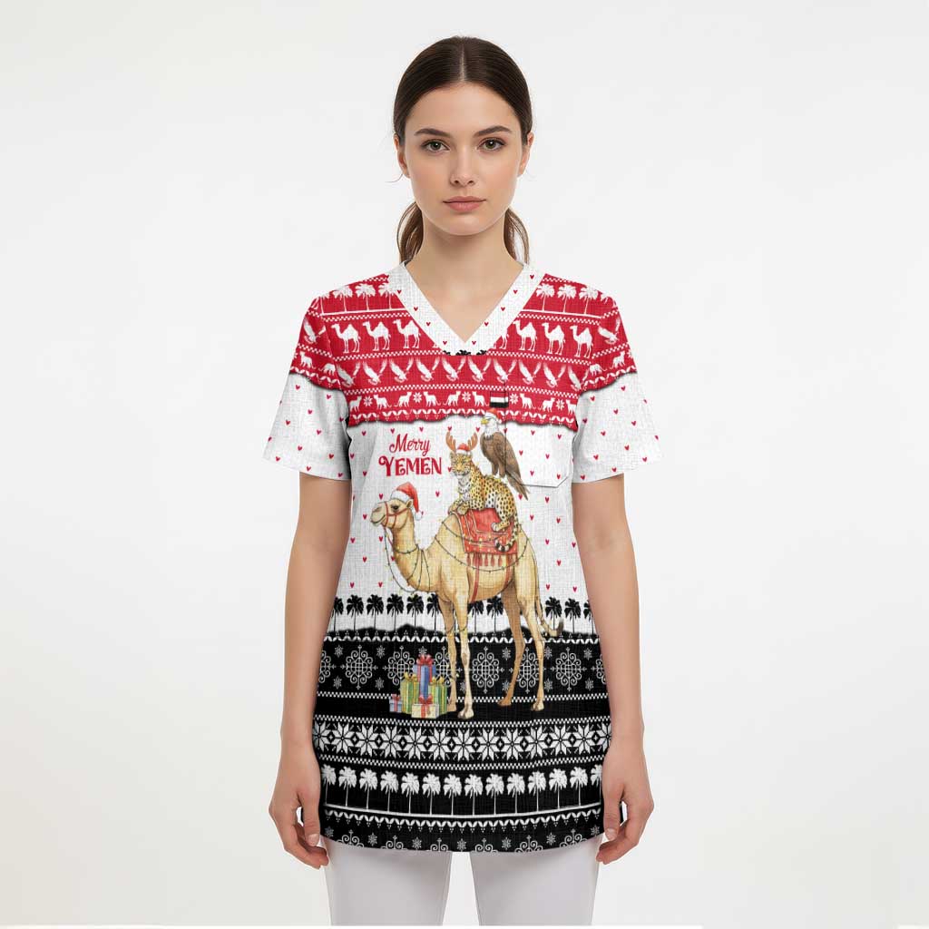 Yemen Christmas Scrub Top with Camel Leopard Falcon Red Black White Snowflake - Wonder Print Shop