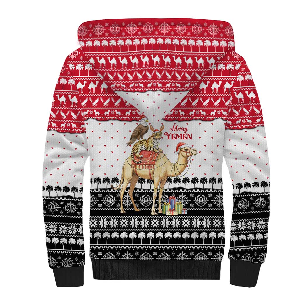 Yemen Christmas Sherpa Hoodie with Camel Leopard Falcon Red Black White Snowflake - Wonder Print Shop