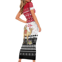 Yemen Christmas Short Sleeve Bodycon Dress with Camel Leopard Falcon Red Black White Snowflake - Wonder Print Shop
