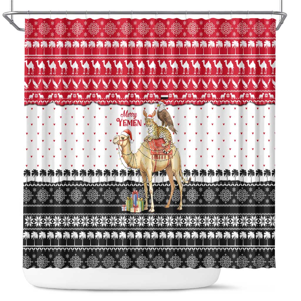 Yemen Christmas Shower Curtain with Camel Leopard Falcon Red Black White Snowflake - Wonder Print Shop