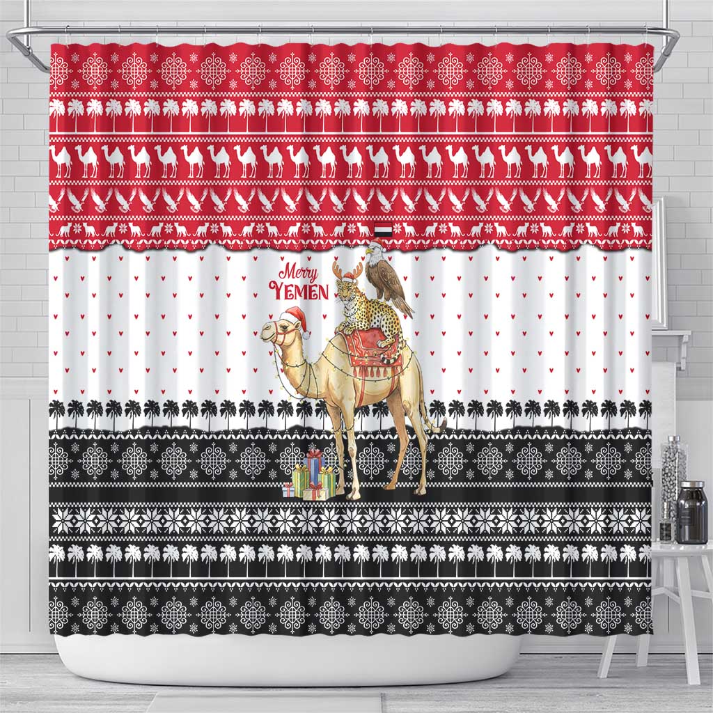 Yemen Christmas Shower Curtain with Camel Leopard Falcon Red Black White Snowflake - Wonder Print Shop