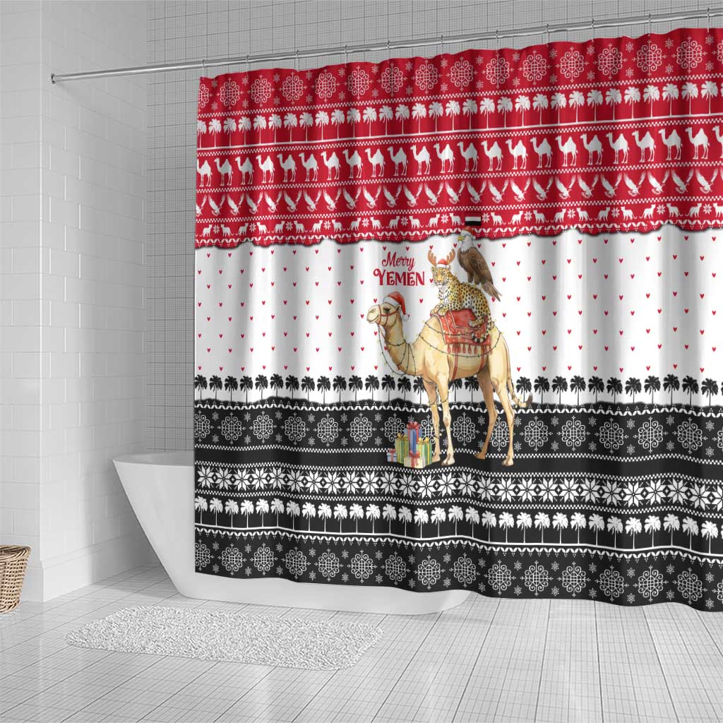 Yemen Christmas Shower Curtain with Camel Leopard Falcon Red Black White Snowflake - Wonder Print Shop