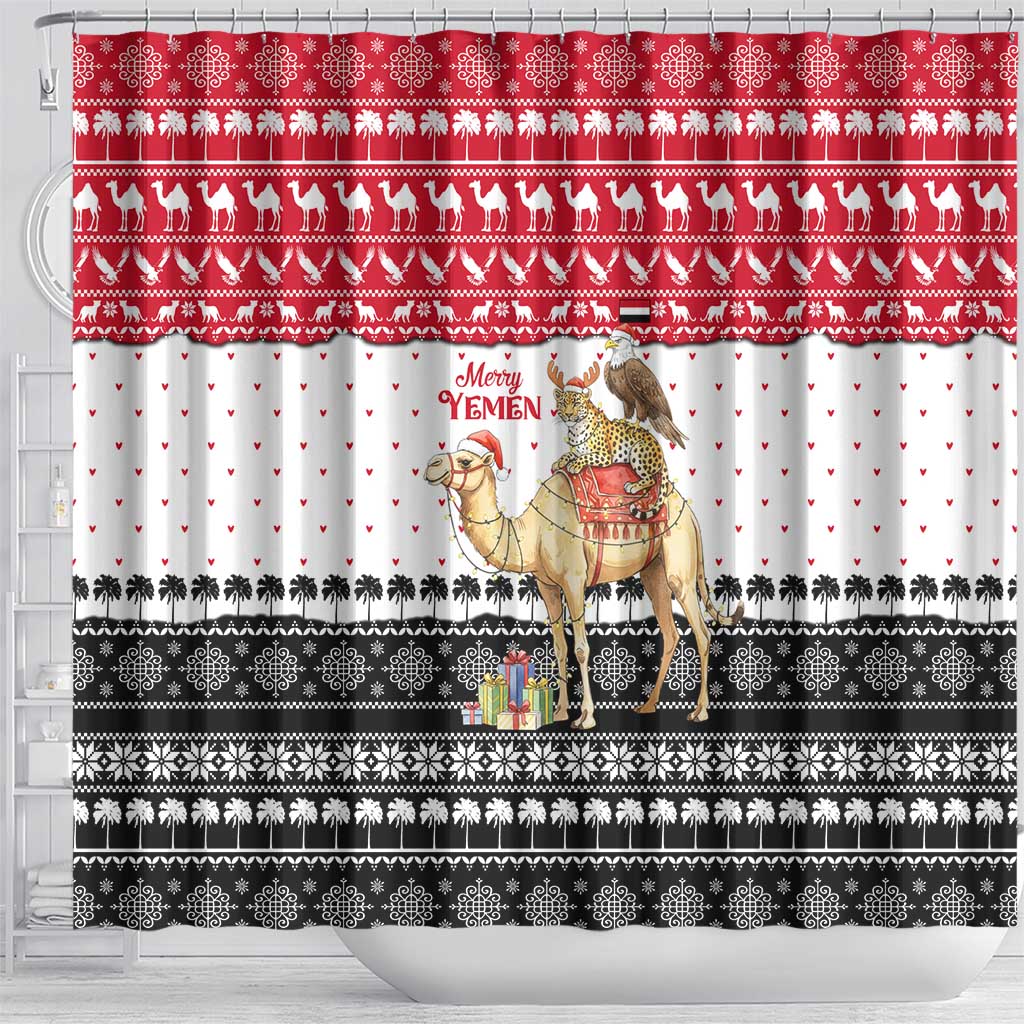 Yemen Christmas Shower Curtain with Camel Leopard Falcon Red Black White Snowflake - Wonder Print Shop