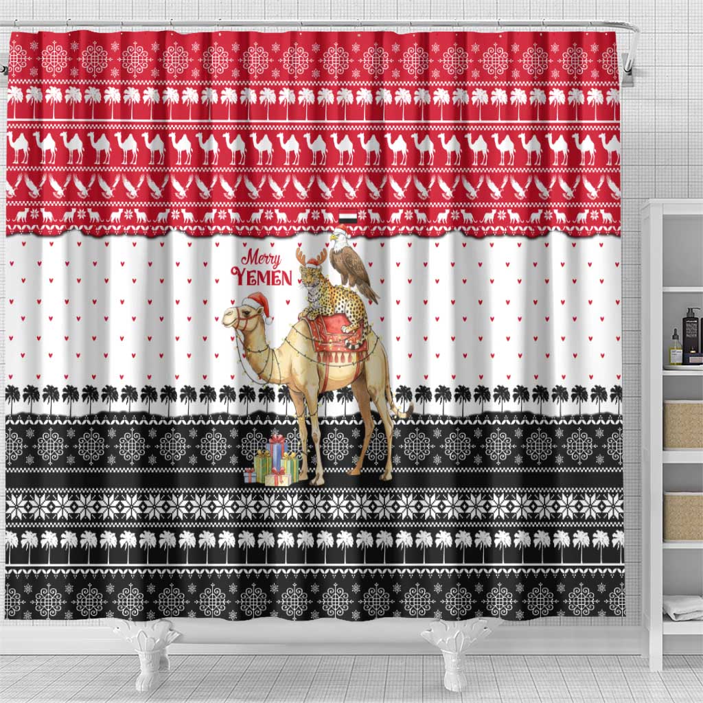 Yemen Christmas Shower Curtain with Camel Leopard Falcon Red Black White Snowflake - Wonder Print Shop