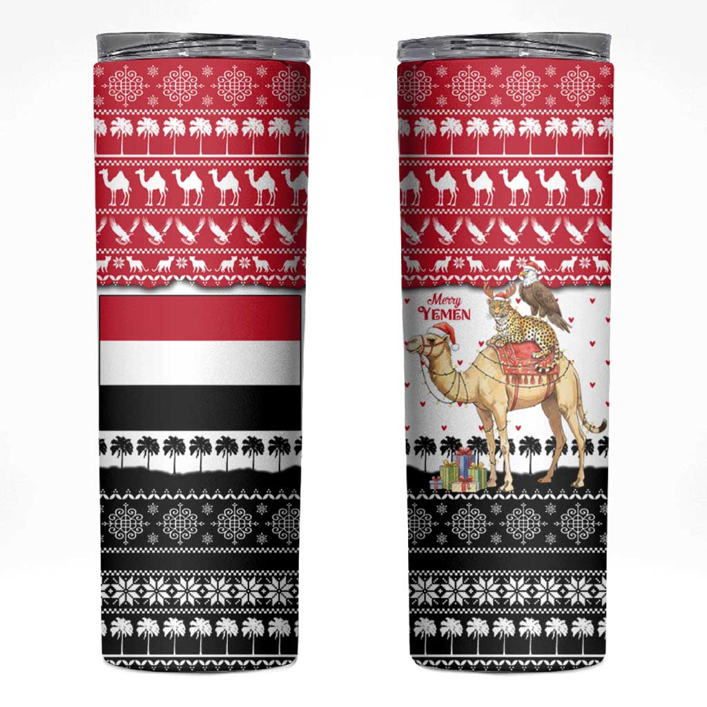 Yemen Christmas Skinny Tumbler with Camel Leopard Falcon Red Black White Snowflake - Wonder Print Shop