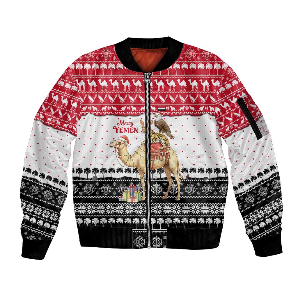 Yemen Christmas Sleeve Zip Bomber Jacket with Camel Leopard Falcon Red Black White Snowflake - Wonder Print Shop