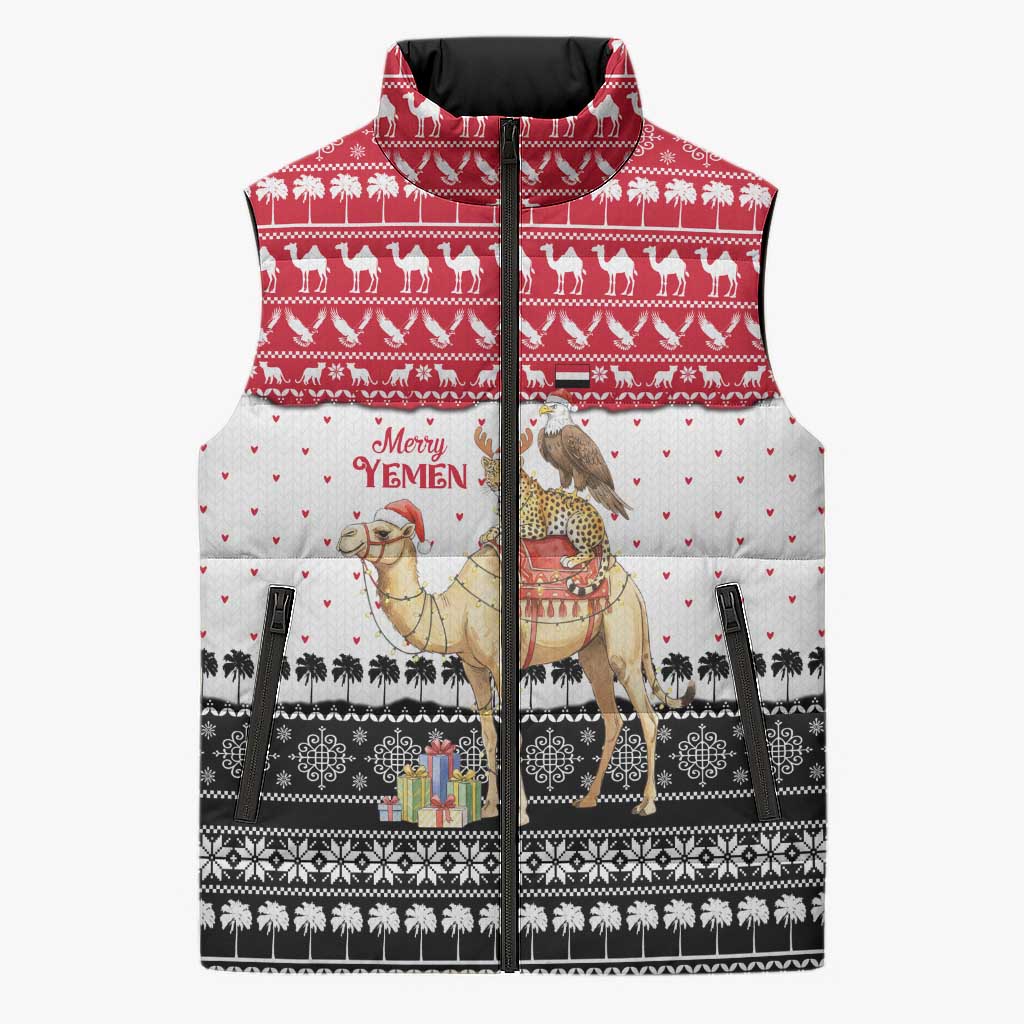 Yemen Christmas Sleeveless Puffer Jacket with Camel Leopard Falcon Red Black White Snowflake - Wonder Print Shop