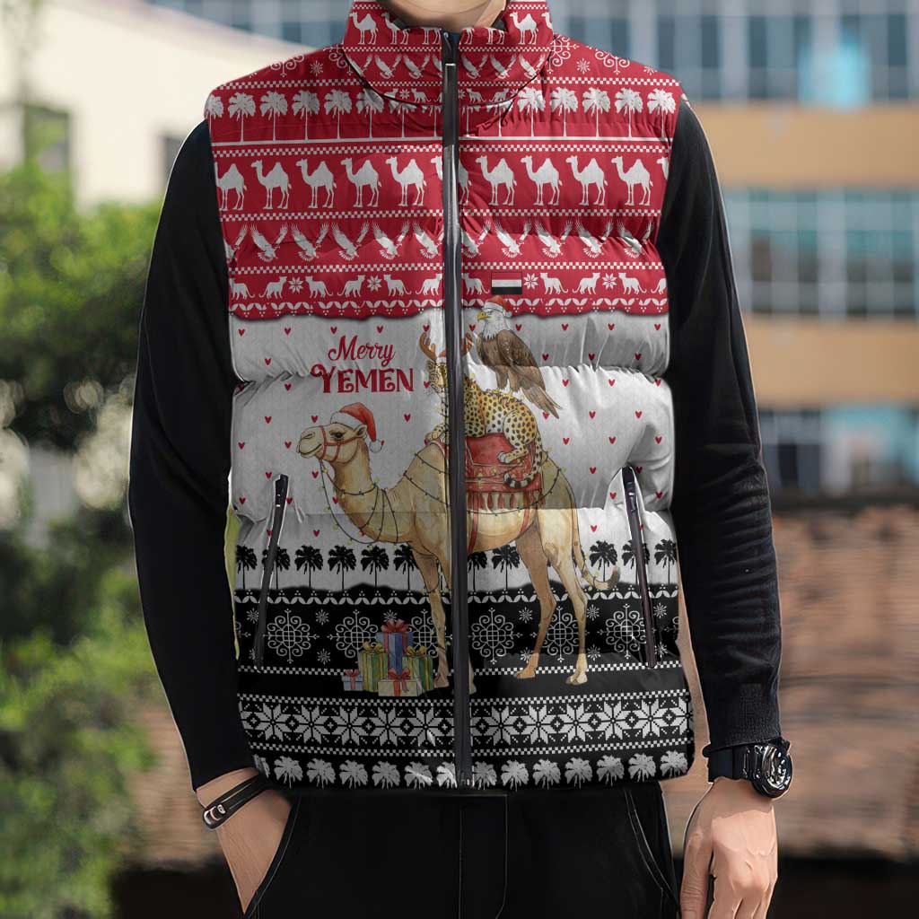 Yemen Christmas Sleeveless Puffer Jacket with Camel Leopard Falcon Red Black White Snowflake - Wonder Print Shop