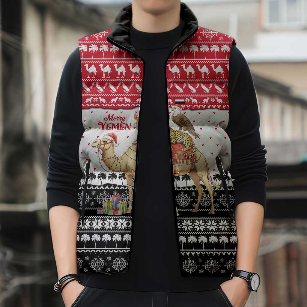 Yemen Christmas Sleeveless Puffer Jacket with Camel Leopard Falcon Red Black White Snowflake - Wonder Print Shop