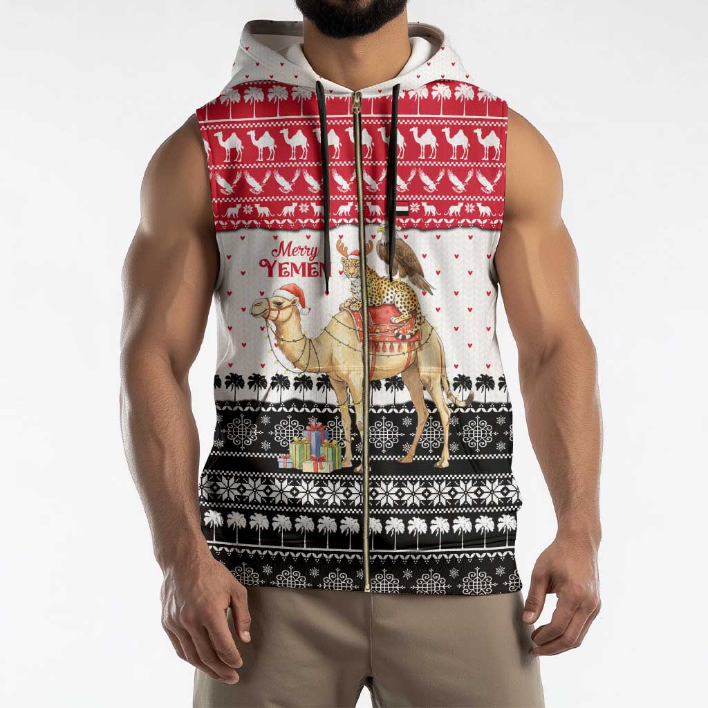 Yemen Christmas Sleeveless Zip Hoodie with Camel Leopard Falcon Red Black White Snowflake - Wonder Print Shop