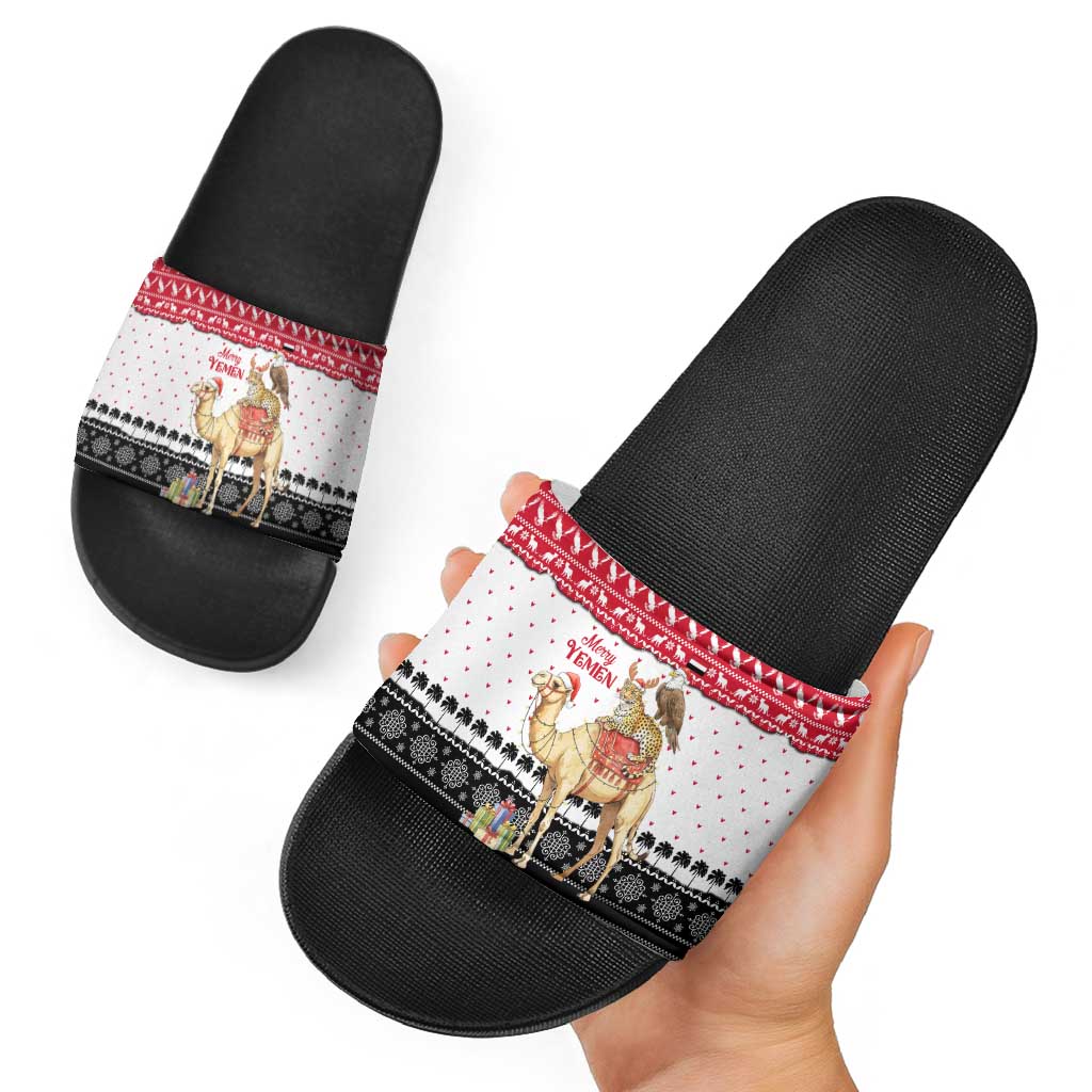 Yemen Christmas Slide Sandals with Camel Leopard Falcon Red Black White Snowflake - Wonder Print Shop