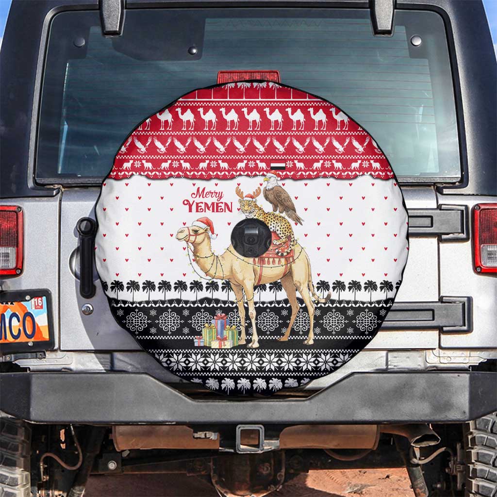 Yemen Christmas Spare Tire Cover with Camel Leopard Falcon Red Black White Snowflake - Wonder Print Shop